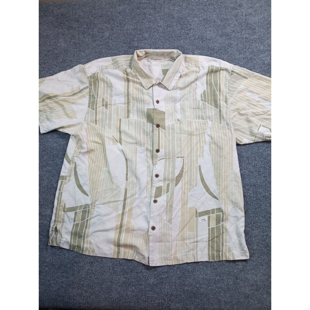 Tommy Bahama Mens XXL 100% Silk Button Up Camp Shirt Beige Geometric